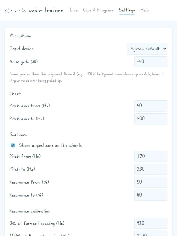Settings: microphone, chart range, a goal zone of 170 to 230 Hz and 50 to 80% resonance, and resonance calibration.